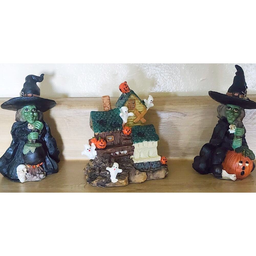 K's Collection Halloween Witches & House Ghost Pumpkins Lot Of 3 Fun Figurines